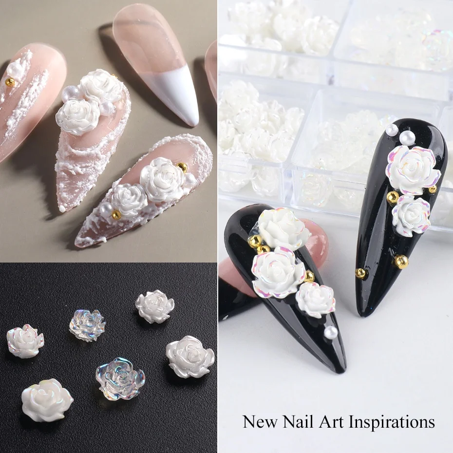 50pcs/lot 3D White Aurora  AB Color Pearl White Camellia Nail Charm Jewelry Resin Flowers Decorations DIY Design Nail ArtJewelry