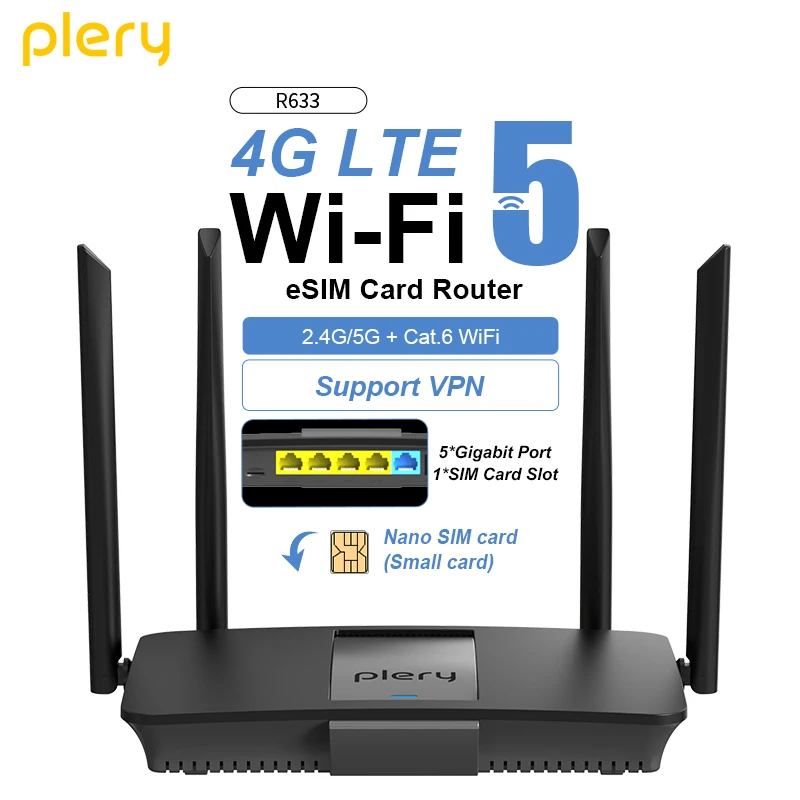 PLERY LTE Cat6 1200Mbps Sim Card Router WiFi5 Dual Band 2.4G /5.8G WiFi Signal Router Wireless Extender Amplifier Plug and Play