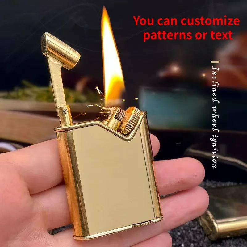 Personalized Retro Pure Copper Kerosene Lighter with Slant Wheel Side Slip Ignition Wheel Lighter Unusual Smoking Tool for Men