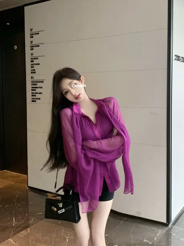 

Elegant Loose Silk Satin Shirt Women's Sexy See-through Thin Top Purple Color Sexy Micro-transparency Drifting Thin Upper App...