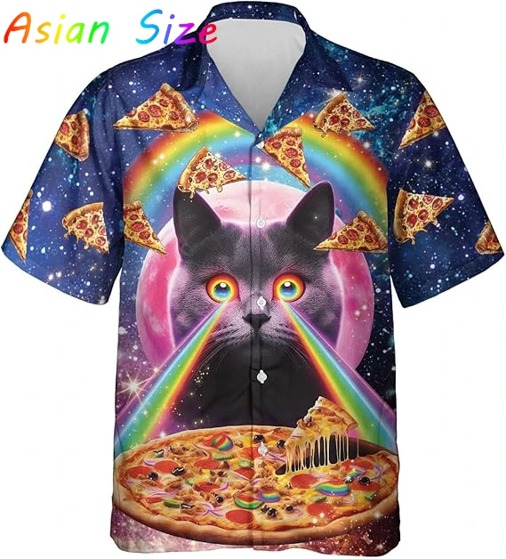

Мужские рубашки с рисунком космического кота, рубашка с короткими рукавами и лацканами на пуговицах для любителей кошек, повседневные гавайские рубашки с принтом пиццы для отпуска