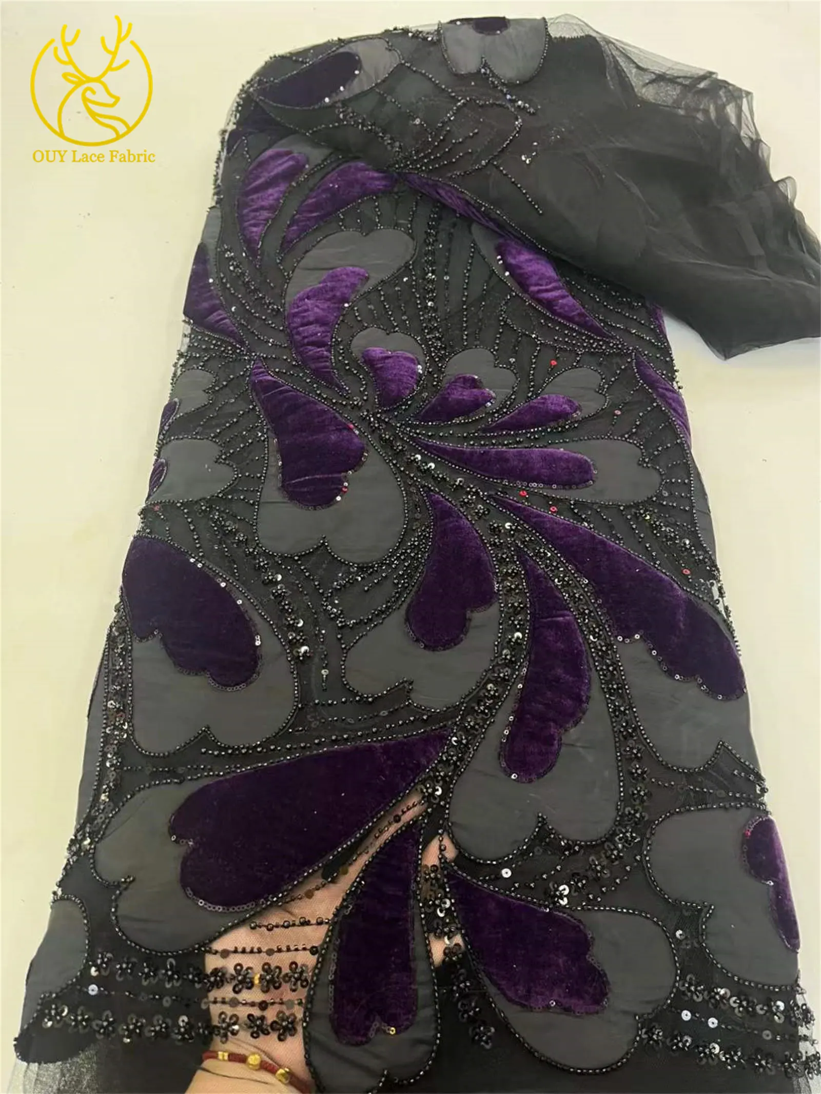 2025年最新 エレガントなアフリカのビーズ付きコットンレース生地 5ヤード フランス ナイジェリア スパンコールレース生地 パーティー イブニングドレス 縫製