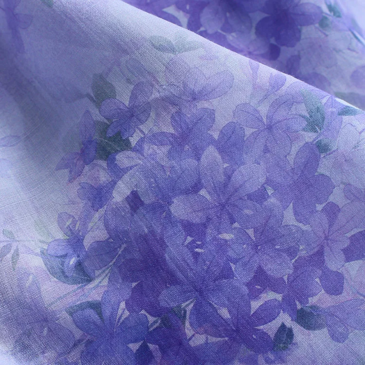 High quality ramie fabric Purple Hydrangea printing tissu Robe dress cheongsam material