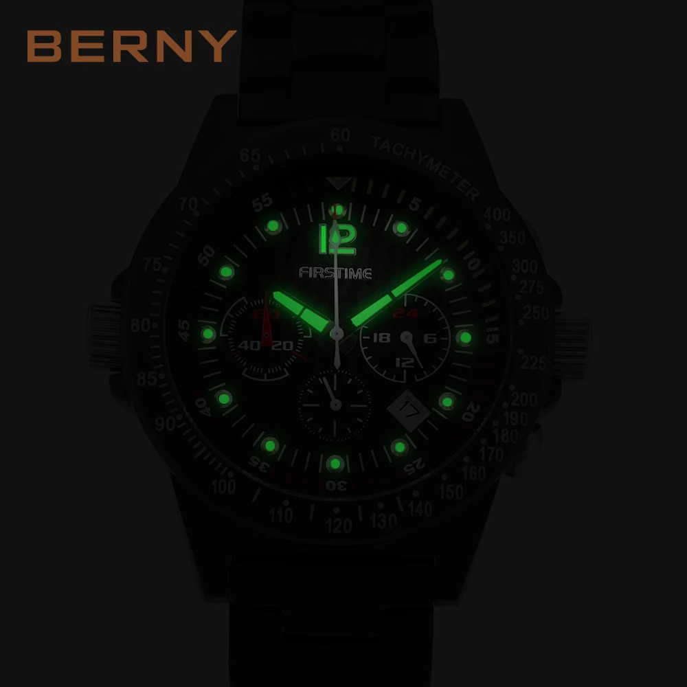 BERNY Watch for Men Quartz Sports Wristwatches Chronograph Male  Luminous  Calendar Divers Watch Golden 10ATM Relogio Masculino