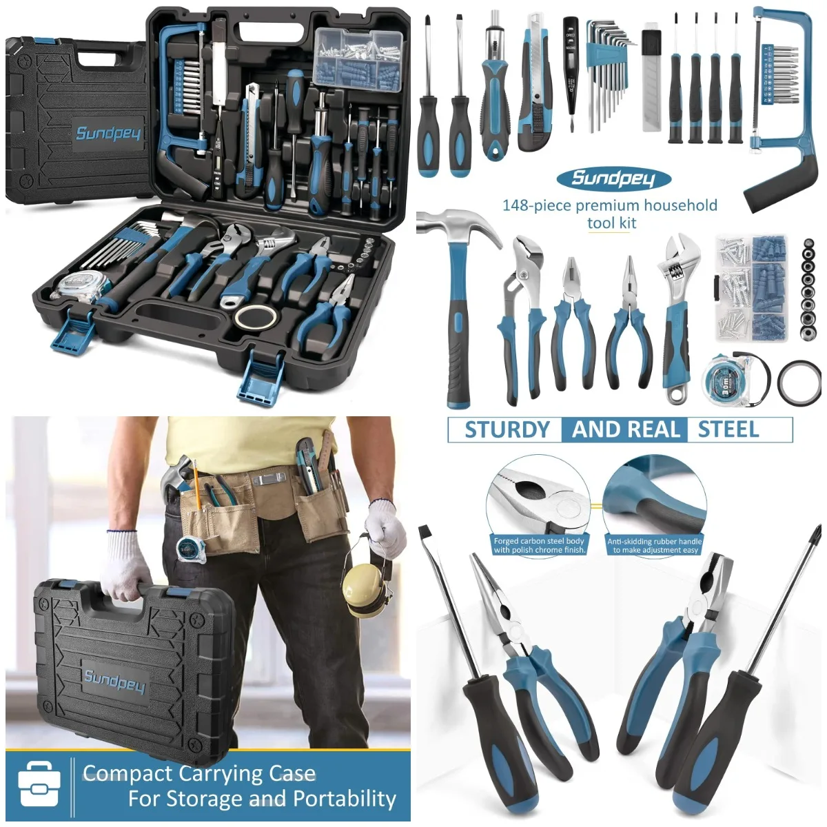 

Home Tool Kit 148-Pcs Portable Repair Set with Case, Ratcheting Screwdriver, Hex Key, Pliers, Wrench, Voltage Tester, Water Pump