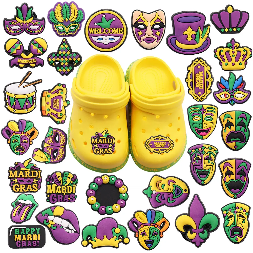 13-30Pcs Happy Mardi Gras Drum Hat PVC Shoes Button Charms Woman Man Sandals Accessories DIY Party Present