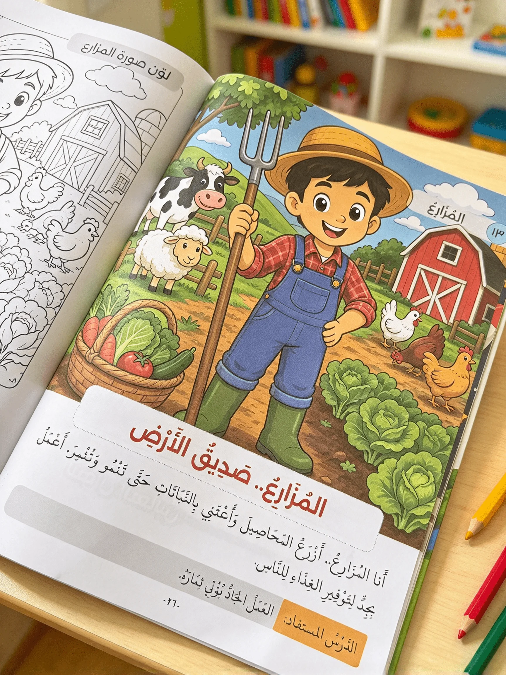 44-page Arabic-language coloring book focused on career awareness—an activity workbook for early childhood education.