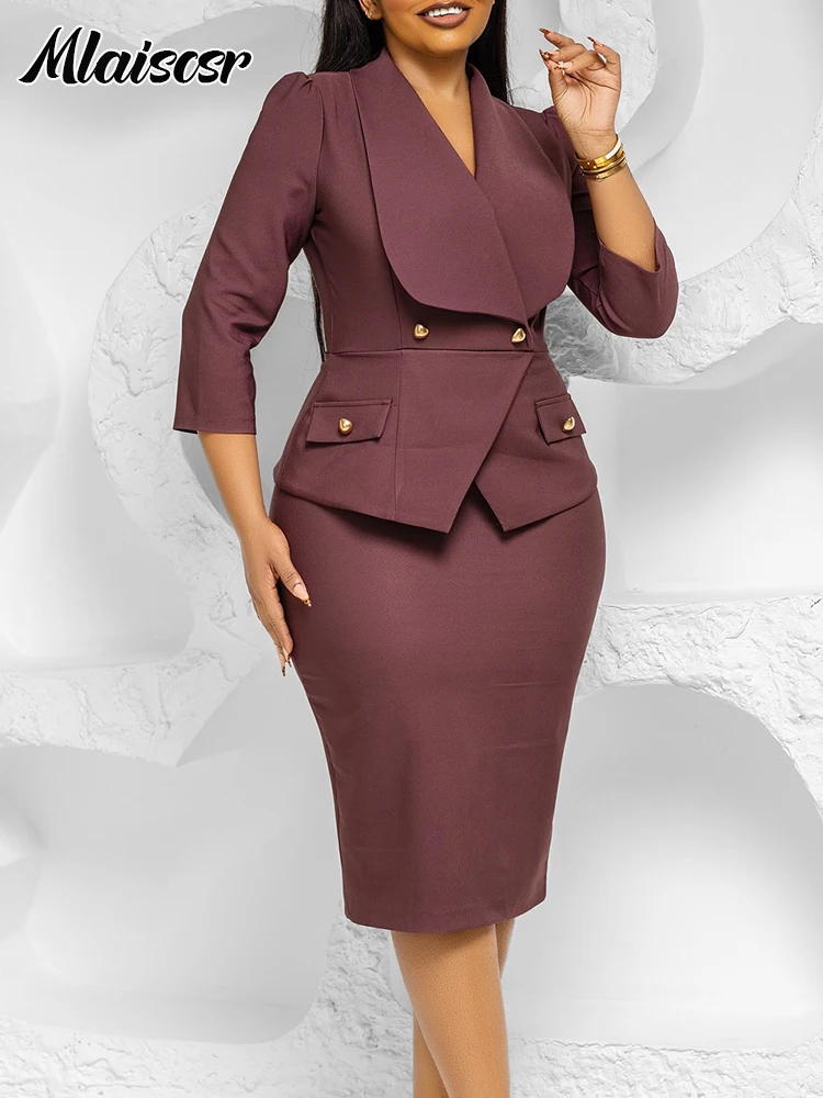 Mlaiscsr المرأة الجديدة كبيرة ترتيب الأسرة طوق 3/4 كم زر سليم قلم رصاص منتصف فستان الخريف الشتاء مكتب سيدة مساء رداء الحفلات