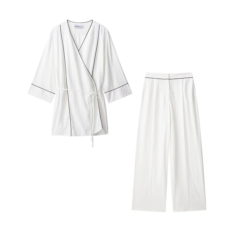 

RAFZNB High Waist Wide Leg Pants Sets for Women 2 Pieces Fashion Lace-up Coats Two Piece Set Women Outfits