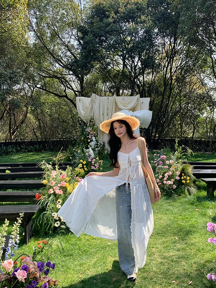 Süße Ballett-SLE-lange Oberbekleidung Dr. Damen-Sommer-Pendeln mit hoher Taille, aushöhlen, trägerlos, Dr. Midi-Rock, V Ne