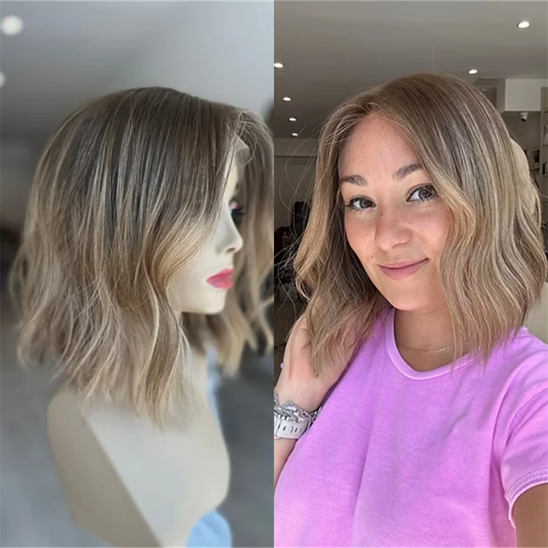

13x4 Short Wave Bob Natural Glueless Wig for Women Ombre Brown Blonde Balayage Highlights Synthetic Wig Soft HD Lace Front Wig