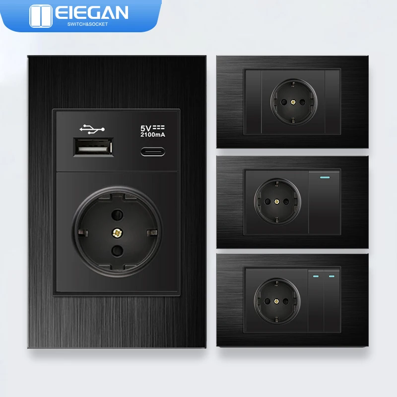 

ELEGAN Italy EU Chile Wall Power Socket Switch Fast Charging Type-c 5V 2100mA TV TEL Power Socket Black Aluminium Brushed Panel