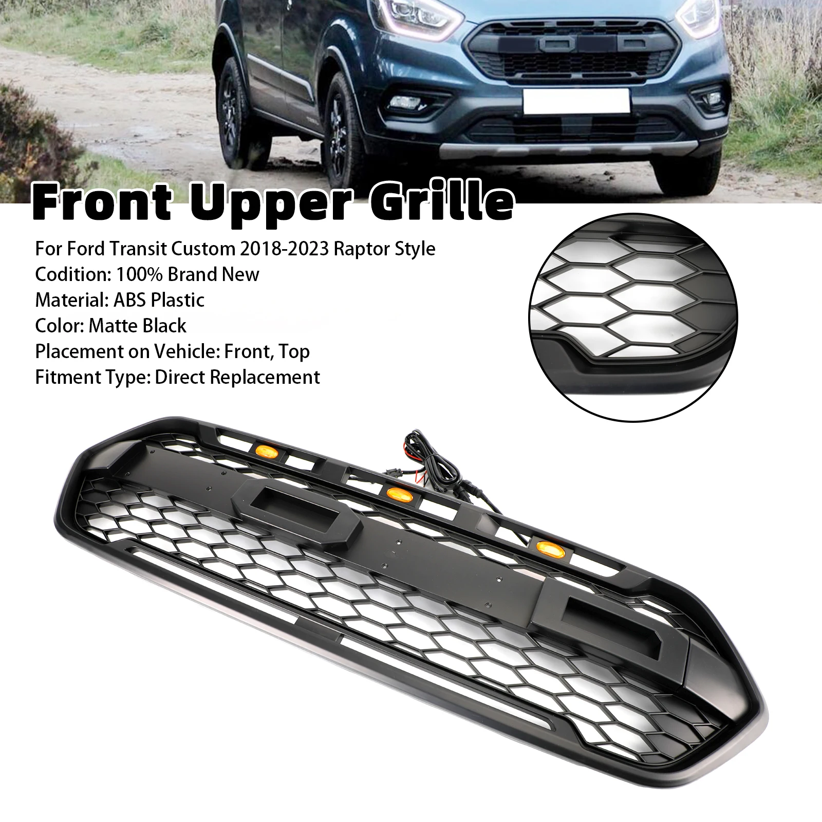 Artudatech Matte Black Front Bumper Grille Fit Ford Transit Custom Trail 2018-2023 W/ 3LED