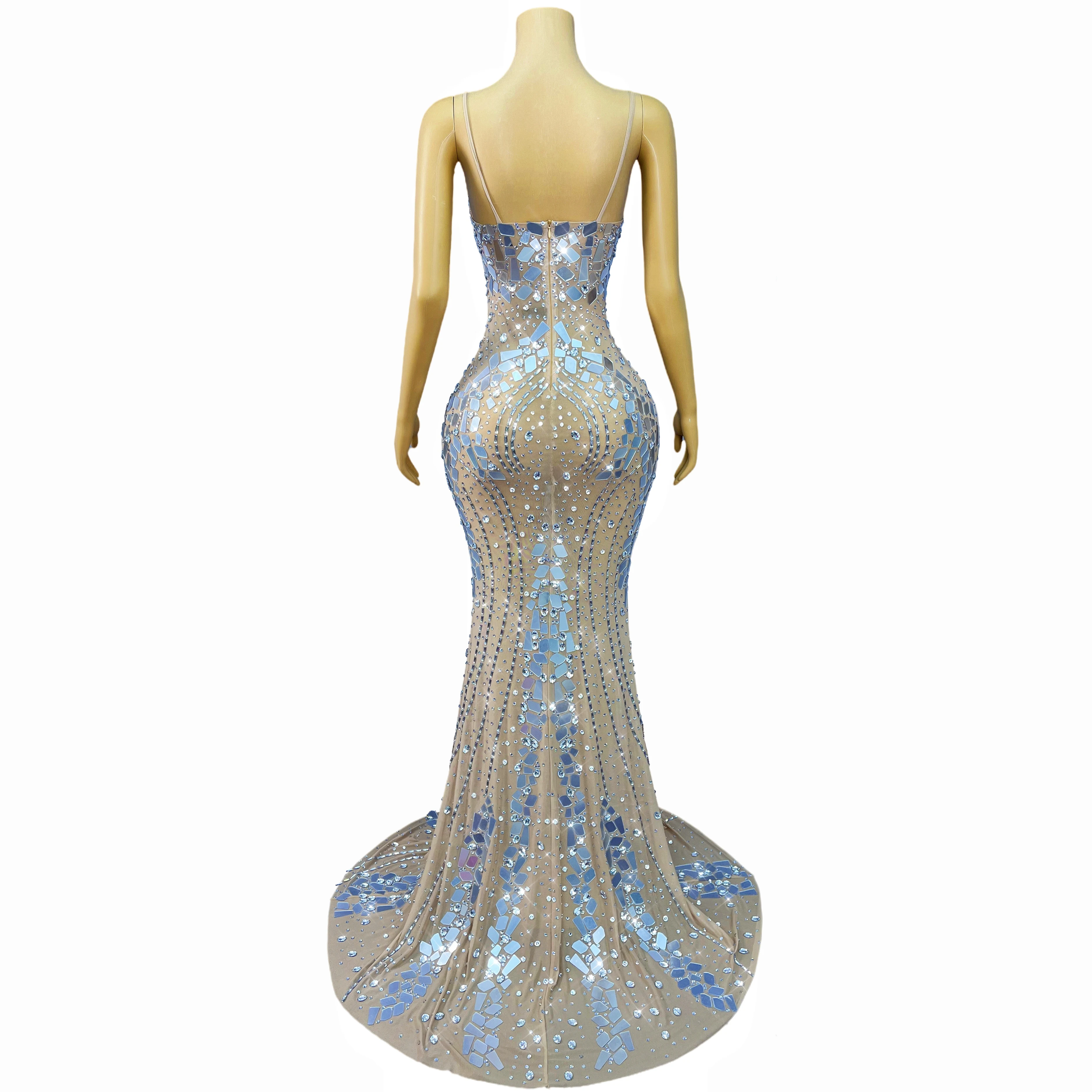 Espejos plateados parpadeantes de alta gama, tirantes de diamantes de imitación, vestido de cola, vestido de fiesta de noche, alfombra roja, traje de escenario para espectáculo Jinyinpian