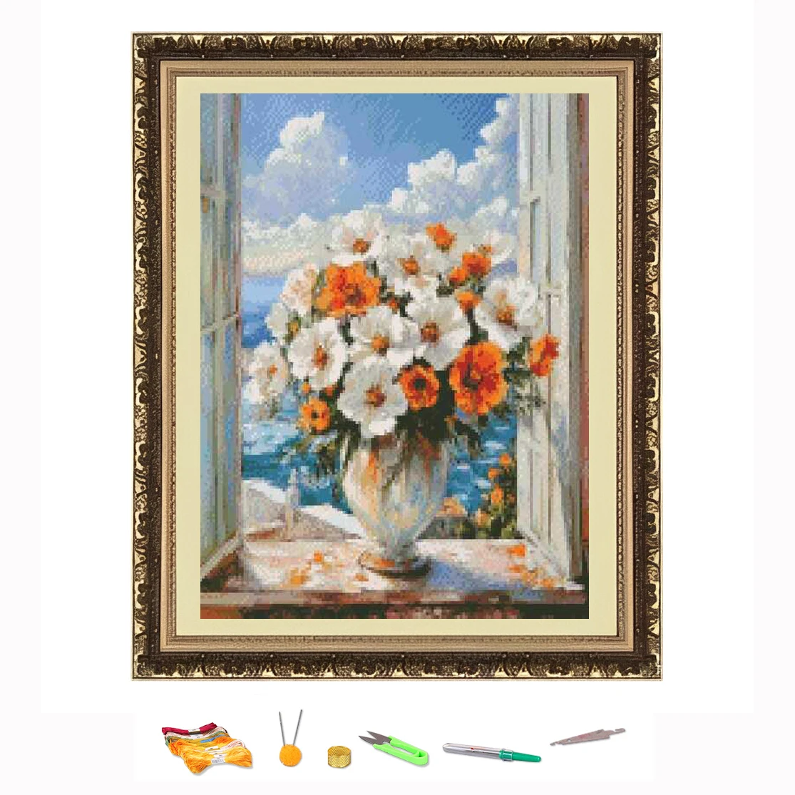 

Набор для вышивки крестом Цветы в вазе на окне Нить для рисования DIY Набор для рукоделия Украсьте печать на холсте 11CT