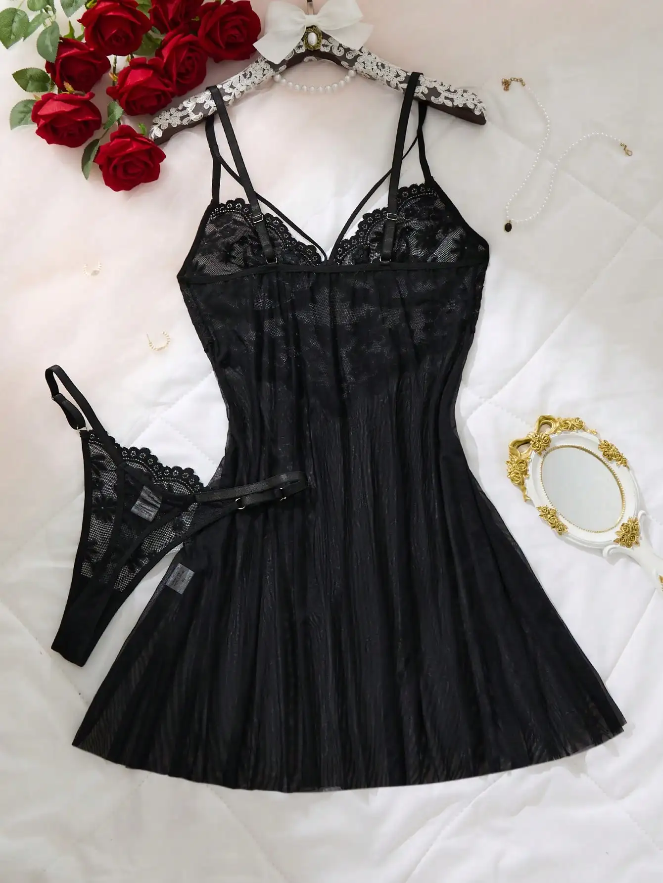 

Black Lace Floral Sheer Nightgown with Matching Thong Set, Sexy Sleepwear for Women