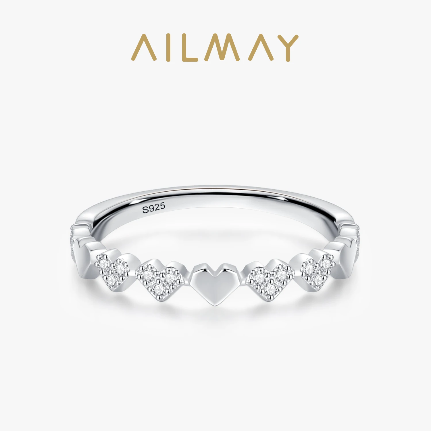 Ailmay Real 925 Sterling Silver Hearts Fashion Shiny CZ Finger Ring For Women Romantic Valentine's Day Sterling Silver Jewelry