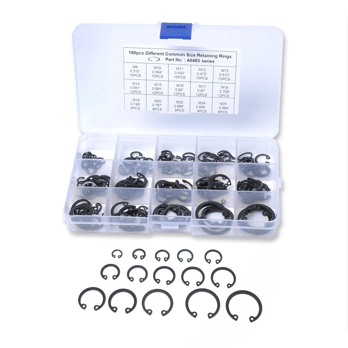 180pcs Spring Steel 15 Sizes Black Oxide Finish For Automotive Industrial Machinery Hardware Tool Box Snap Ring Kit