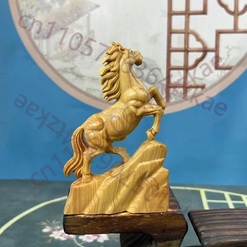 Wood Carving Zodiac Horse Animal Figurine Decoration Solid Wood Carving Home Living Room Office Wealth Luck Feng Shui Decor