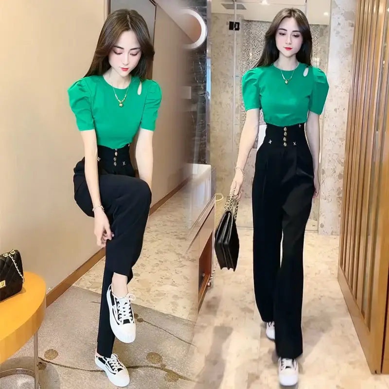 

Hollow out oulder T-irt ort Sve Top And High Waist Straight Leg Pants Two Piece Set Slimming Faionable Summer Outfit