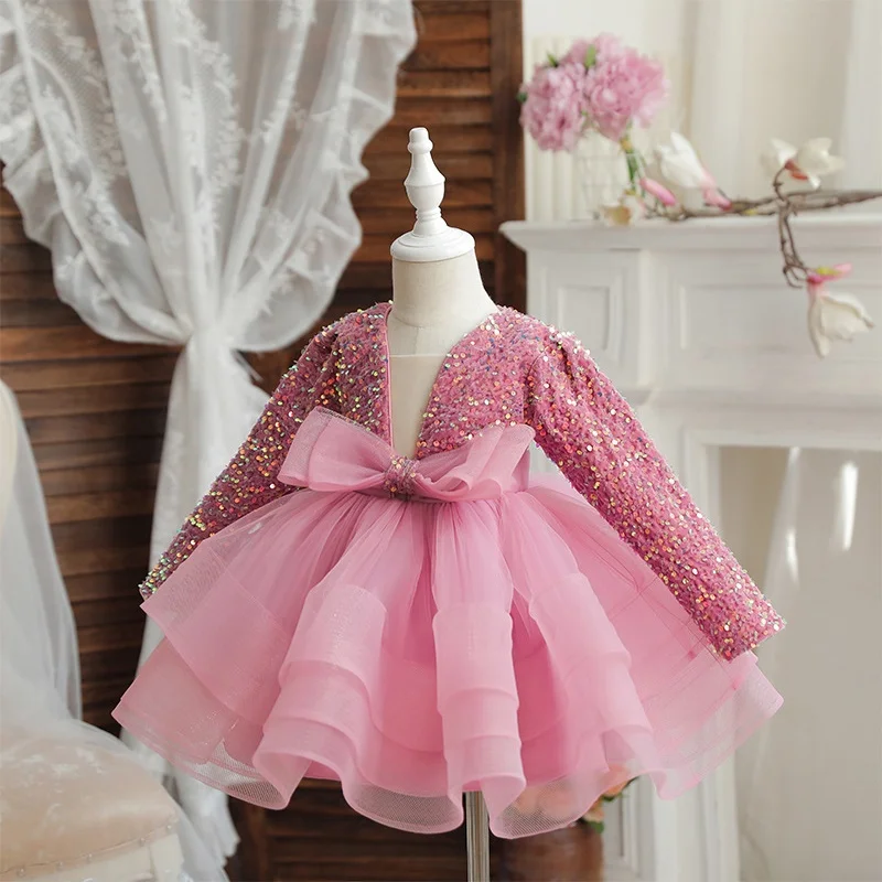 Girls sequin long sleeved princess dress 2024 new fashion bow puffy dress carnival birthday high-end performance clothing