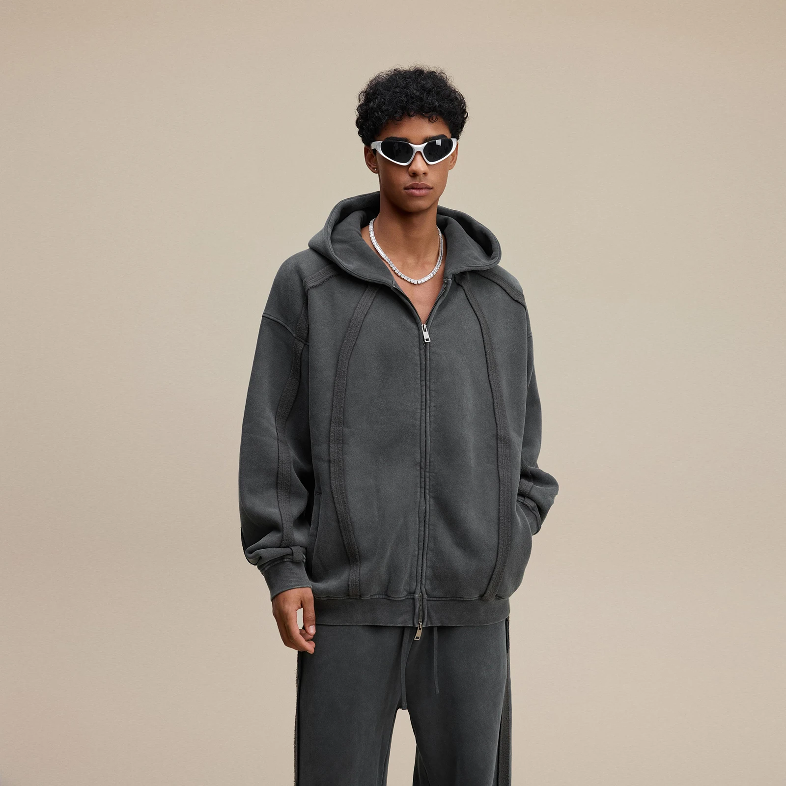 2025 Autumn and Winter Fashion Vintage Wax Printed Fleece Zip Up Sweatshirt Men's Plus Velvet Distressed Zippered Hoodie Coats