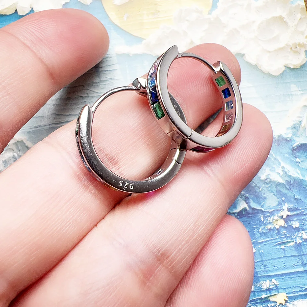 Rainbow Colours Stone Hoop Earrings Creole Europe Glam Fine Jewerly For Women Bohemia Gift In Real 925 Sterling Silver