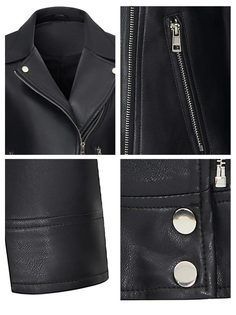 Preto couro do plutônio jaqueta feminina outono turn down collar zíper motocicleta casaco curto 2025 novo casual outerwear topos