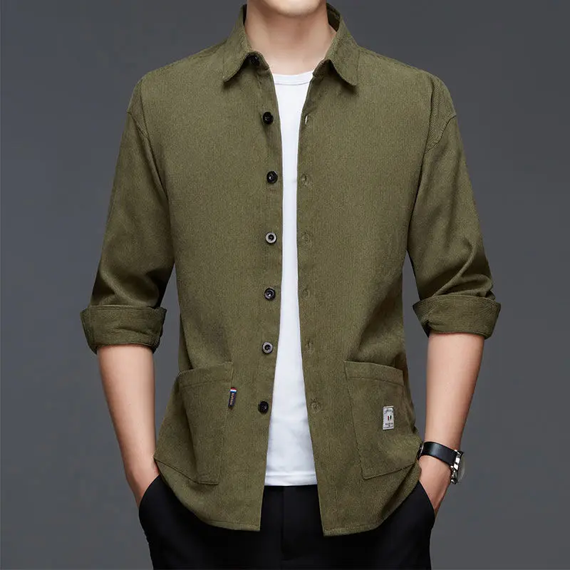 Stylish Solid Color Lapel Button Spliced Pockets Shirt Men\'s Clothing 2022 Autumn New Oversized Casual Tops Loose Korean Shirts