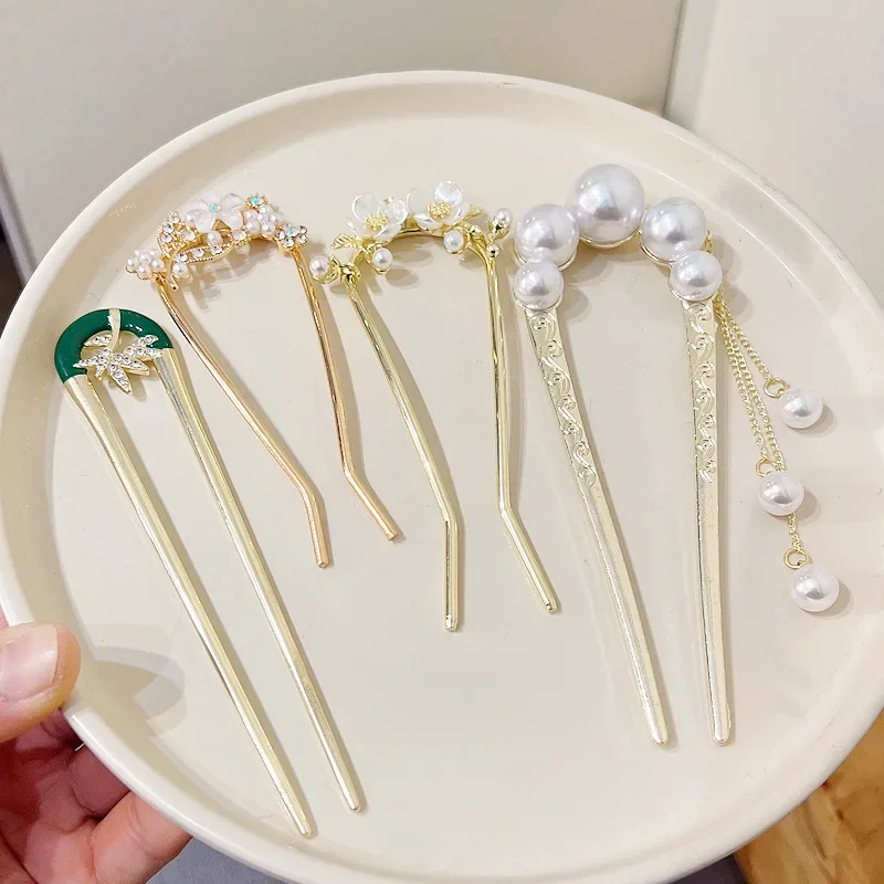 New Retro Temperament Pearl U-shaped Hairpin Pill Head Plate Hair Ware Hairpin Hairpin Headwear Wholesale