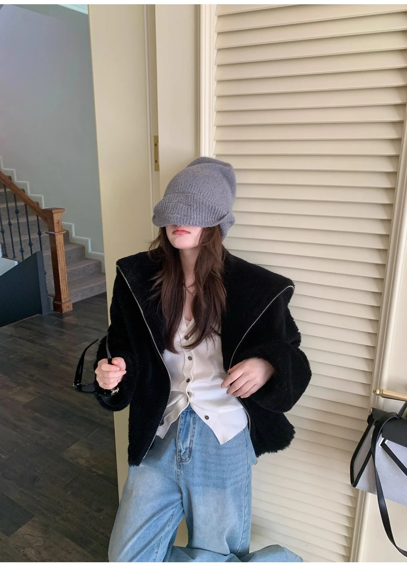 100 معطف فرو خروف بياقة كحلي من الصوف للنساء 2025 سترة شتوية لقص الأغنام سميكة ودافئة #4