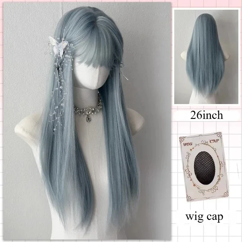 كاندي 2025 الأزرق مع الانفجارات شعر مستعار طويل مستقيم للنساء 26 بوصة بيروكات صناعية ألياف مقاومة درجات الحرارة العالية تأثيري H