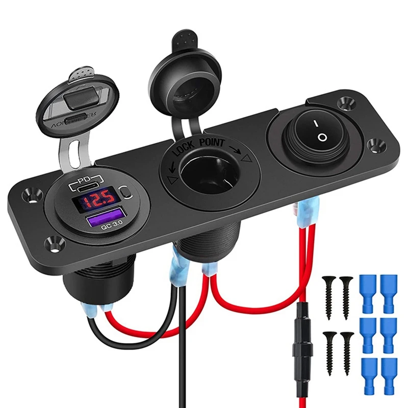 Lighter Socket 12V/24V With Rocker Toggle Switch PD&QC3.0 USB C Outlet With LED Voltmeter Waterproof For Car Boat