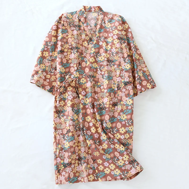 Japanese Sweet Sleepwear Women\'s Cotton Robe Sping Summer Kimono Thin Bathrobe Plus Size Feminino Printing Dressing Gown