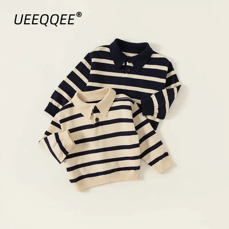 

Весенне-осенние детские рубашки поло для мальчиков от 1 до 8 лет, вязаные полосатые топы на пуговицах с длинными рукавами, свитер, корейская одежда для малышей, детская одежда