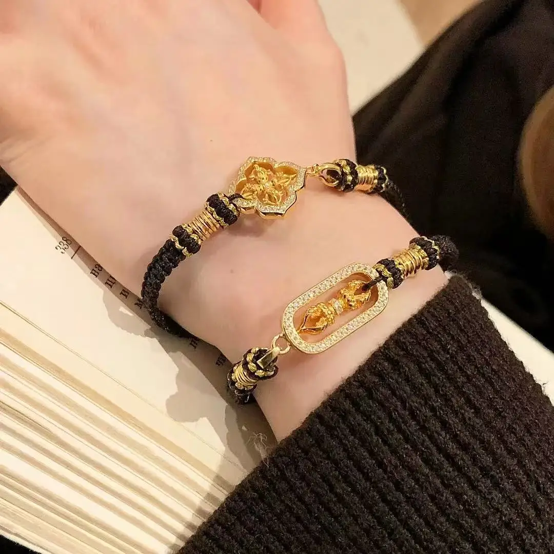 Chinese Style Lucky Vajra Pestle Bracelet Handmade Black Braided Rope Gold Plated Fortune Blessing Adjustable Wrist Jewelry For
