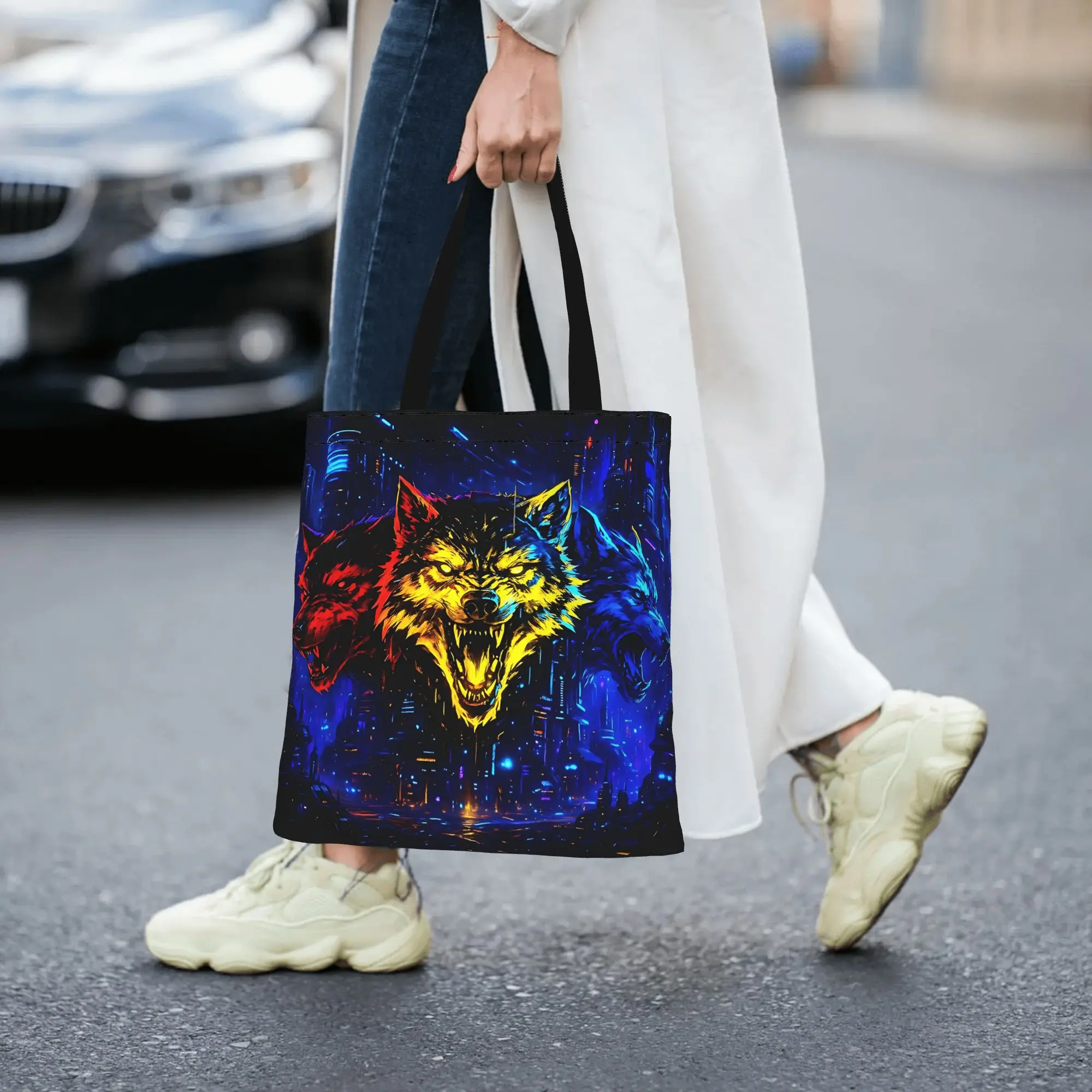 Customized Cool WOLF Women's Bag Shopping Bag Reusable Double Sided Canvas Tote Bag Shoulder  Handbag