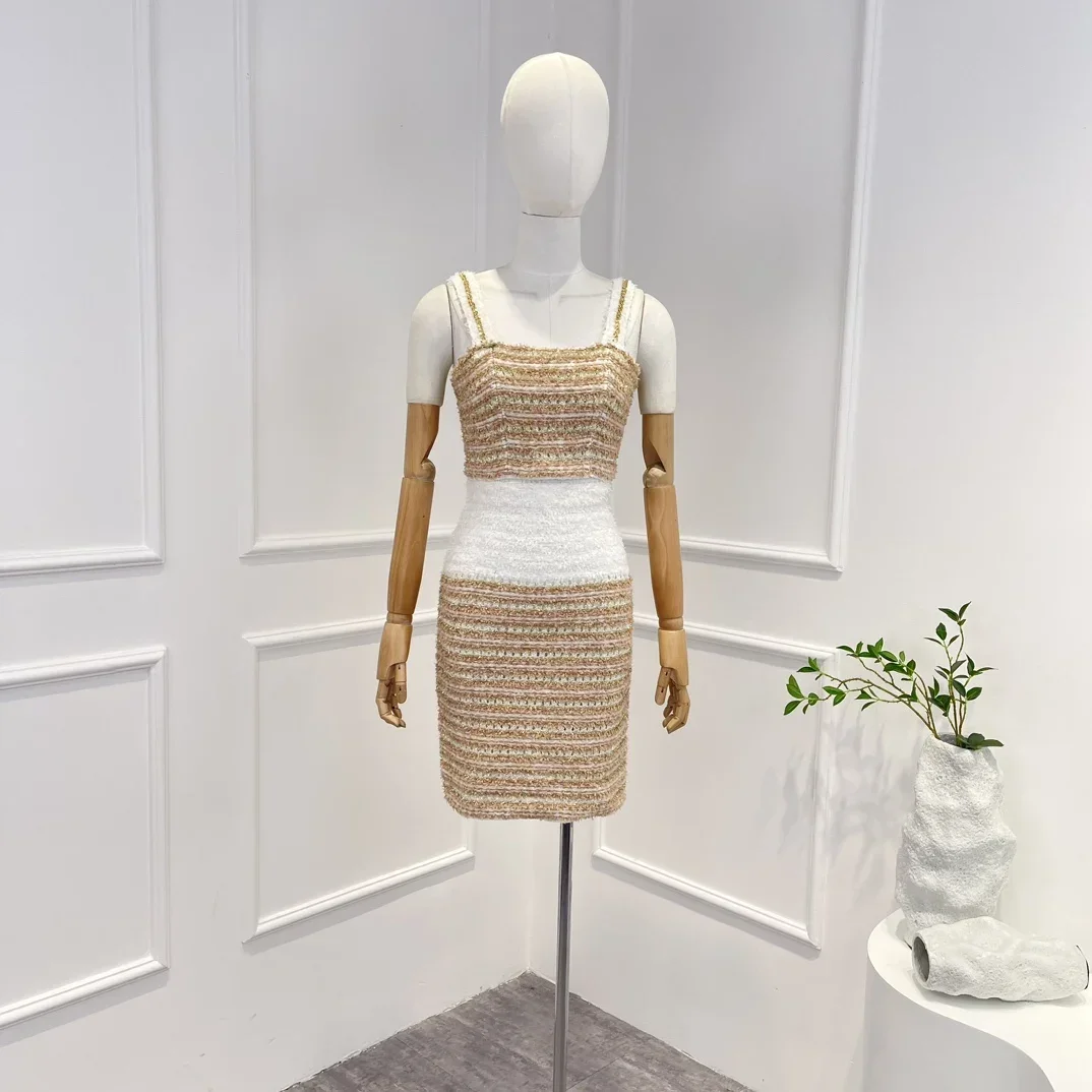 

2023 Latest Women High Quality Vintage Chain-straps Tweed Crop Top and Striped Pencil Skirt Two Piece Set