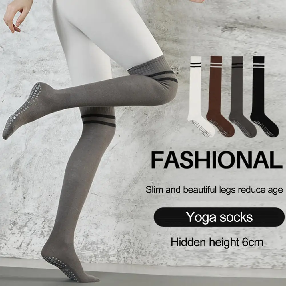 1 Pair Cotton Yoga Long Socks Winter Pilates Socks Non-slip Striped Foot Protector Over The Knee Particle Sole Yoga Stockings