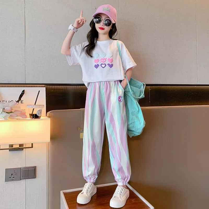 2024 summer girls Clothes Child set Sports Suit Teen tracksuit loose heart t shirt + Ankle-tied striped pants 10 11 12 14 years