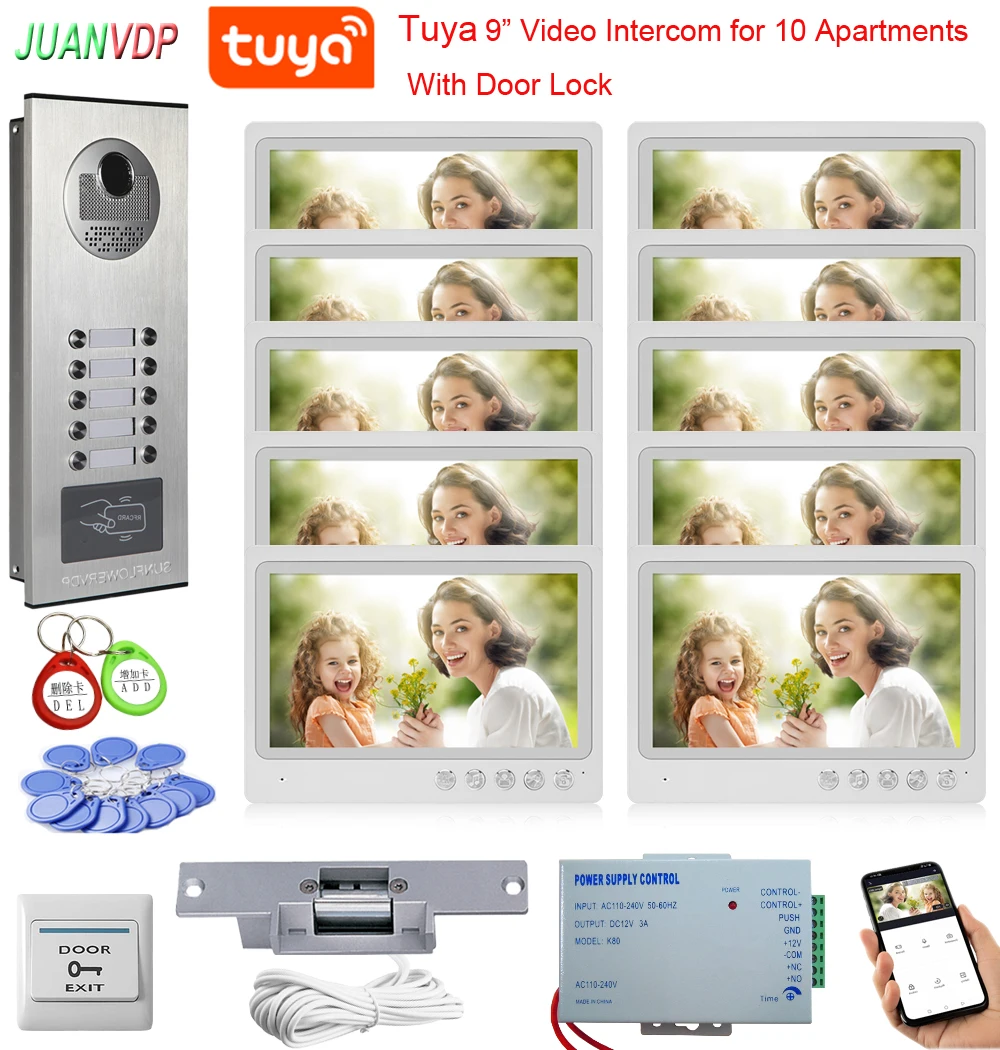 9 inch Screens WIFI Doorbell Video Intercom Door Bell with Rfid Unlock Camera Tuya Smart Home for Security For 8/10/12 Villas