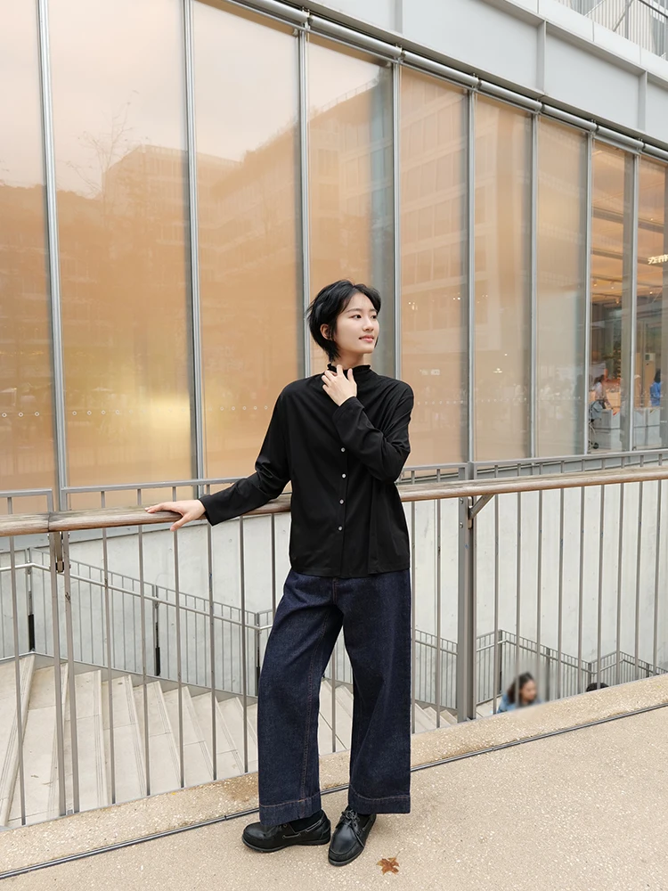 

Casual Bla Long Sve T-irt with Lace Collar Loose Inner Wear Base Top for Women Spring New Sle Loose Fit Inner Wear