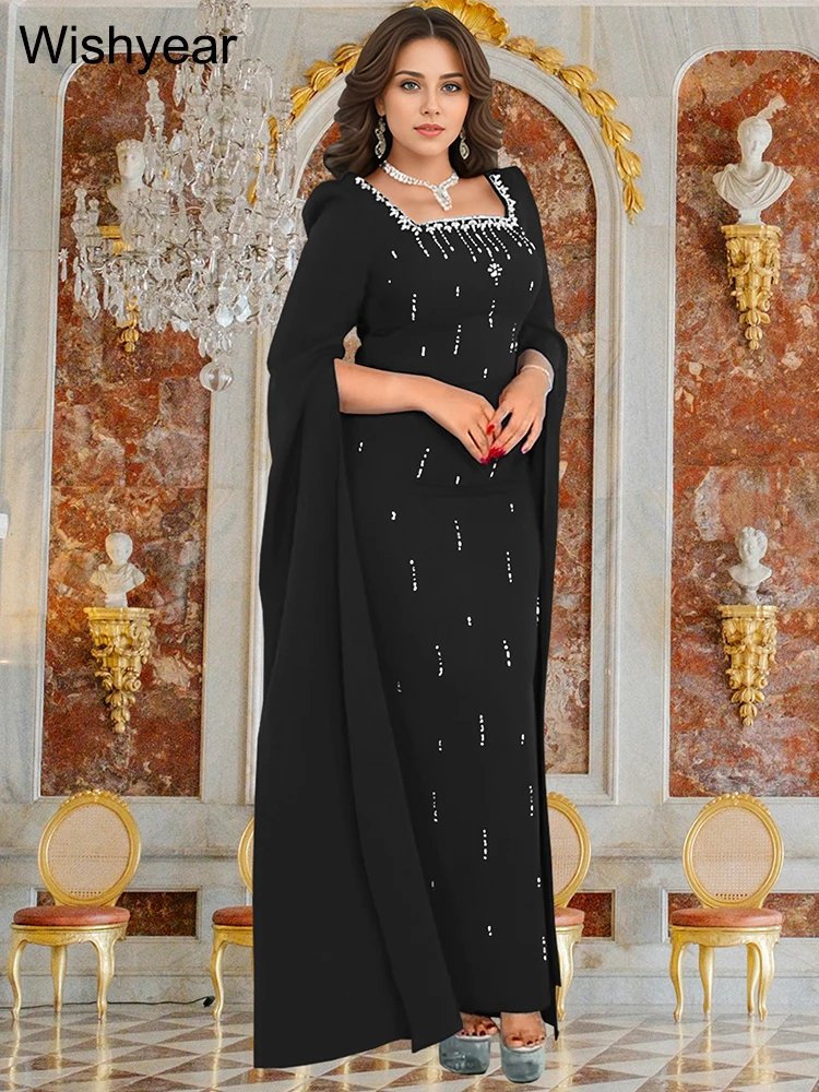 

Wishyear Elegant Square Neck Slit Long Sleeve Mermaid Dress Women Luxury Diamond Crystal Party Gown Formal Prom Special Occasion