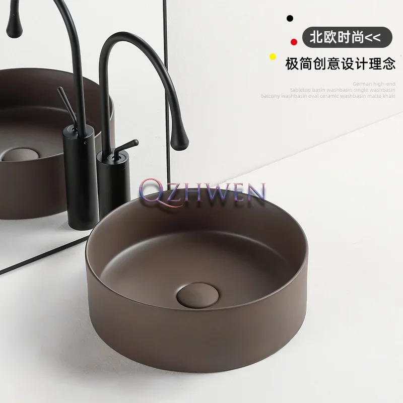 

30/36/40cm Nordic Ceramic Washbasin Round Brown Bathroom Sink Small Apartment Countertop Art Basin Balcony Sink with Faucet Sets