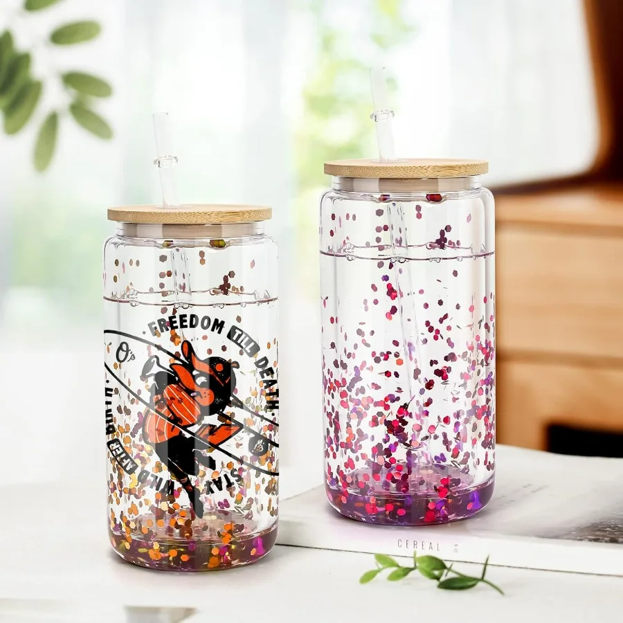 زجاج كرة الثلج التسامي سعة 16 أونصة مع أغطية من الخيزران وقش، 25 عبوة من نظارات علب البيرة ذات الجدار المزدوج، بو المحفور مسبقًا