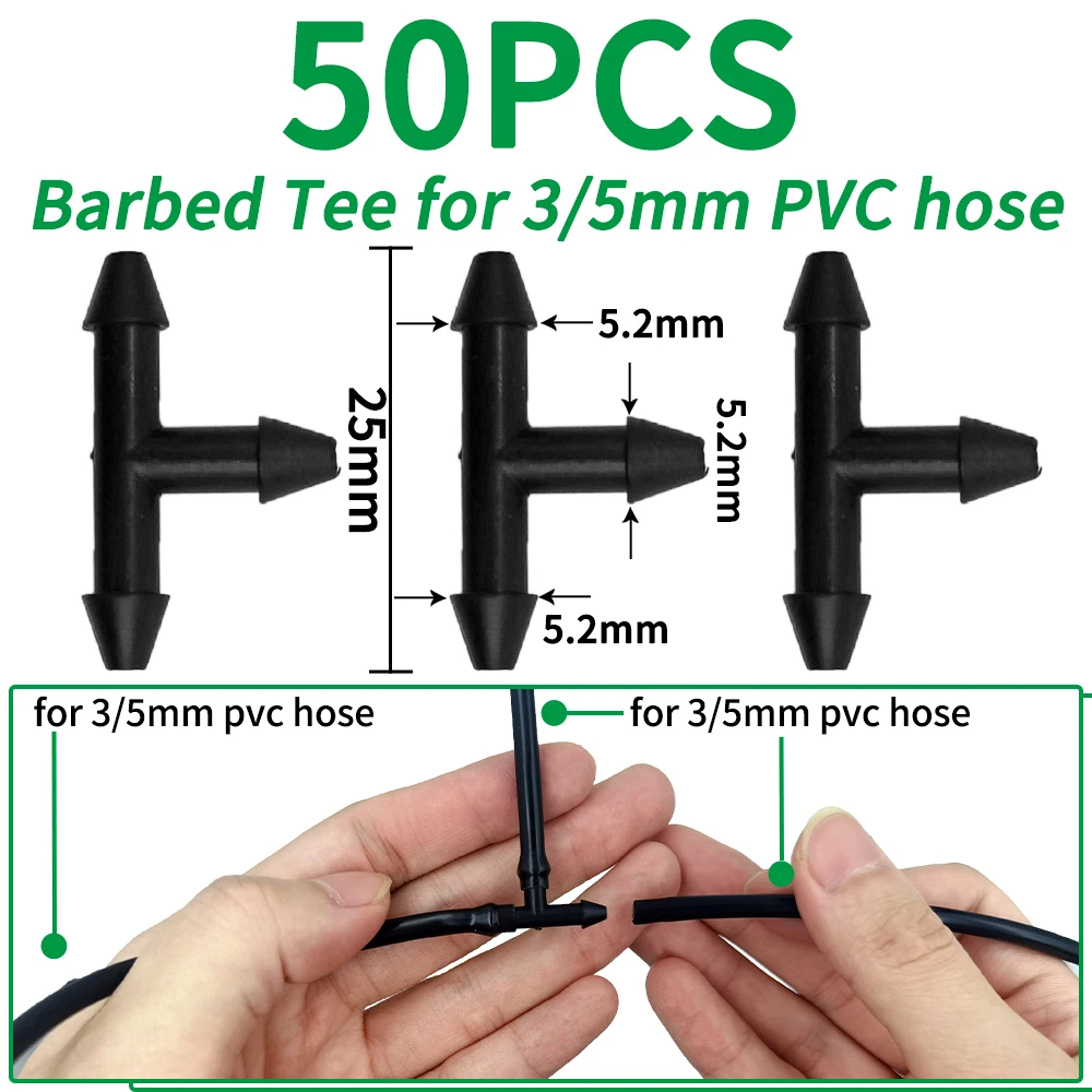 50/100PCS 3/5mm Tubing Watering Pipe Hose Couplings Micro Drip Irrigation Garden Tools Plastic Barbed 3-Way Tee Connector