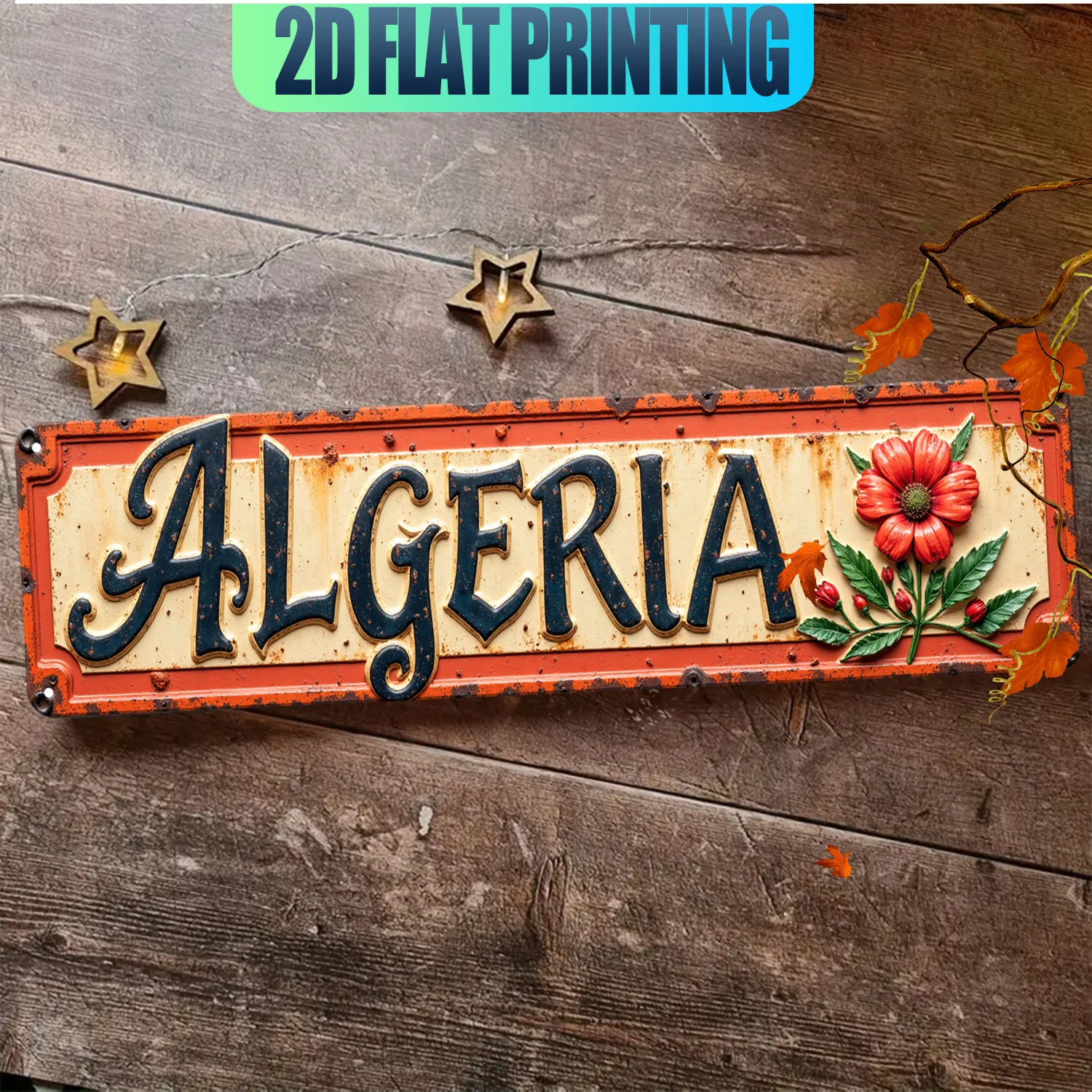 2D Flat, 1pc Vintage Algeria-Themed Aluminum Sign - 39.88x9.91 cm Rustic Wall Decor with Floral & Star Design, Perfect for Home,
