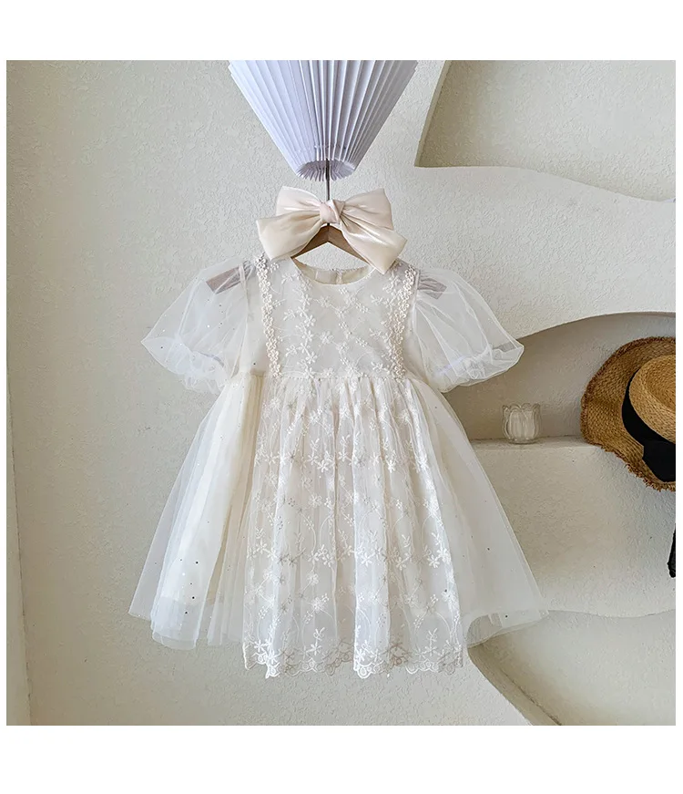 Kid Girl White Short Sleeve Dress Delicate Floral Embroidery Puff Mesh Sleeves and Tulle Overlay Skirt for Children Casual Wear