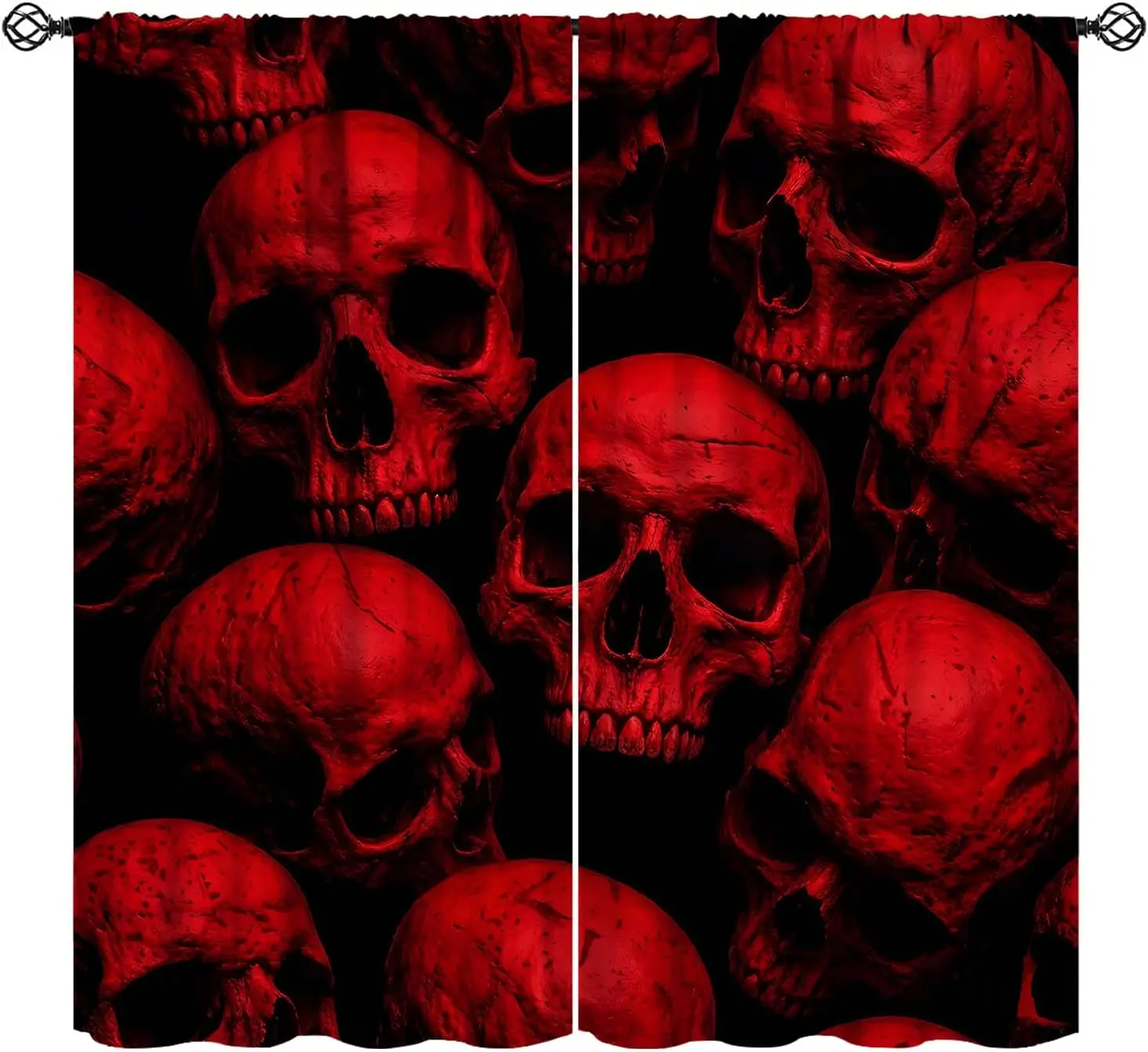Stacked Cracked Red Skull Curtain 2 Panels Dense Horror Skull Solid Black Background Master Bedroom Gothic Punk Home Decor