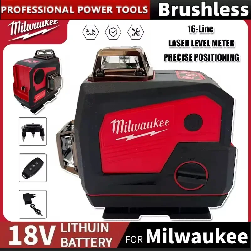 

Лазерный измеритель уровня Milwaukee, 18 В, 16 линий, с звуковым сигналом, 360 ° Инструмент для самовыравнивания горизонтального и вертикального креста Green Light